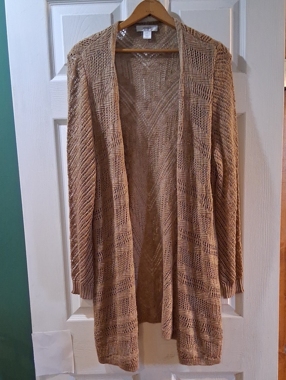 Open-Front Knit 36" Long Cardigan Sweater in Beige